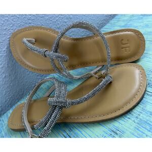 JustFab Rhinestone Strappy Sandals Sparkly Silver Knotted Shoes Thong SZ 7.5 - 8
